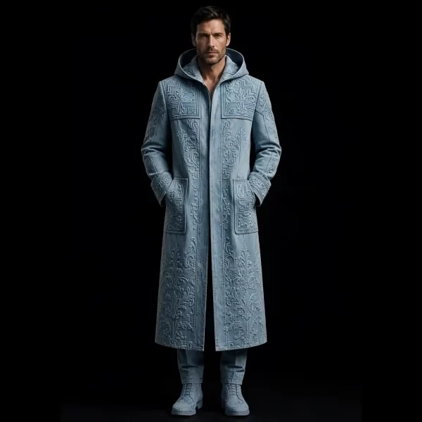 ICE BLUE BAROQUE EMBOSSED HOODED TRENCH - Full Length Hooded Denim Coat - Buy ice blue Luxury Denim Suit Mens Online