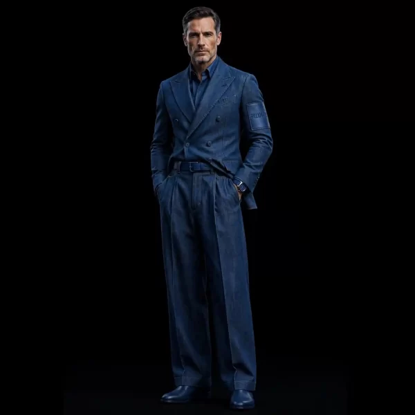NAVY BILLIONAIRE DENIM TUXEDO - Wide Leg Double Breasted Suit - Buy dark navy indigo Luxury Denim Suit Mens Online