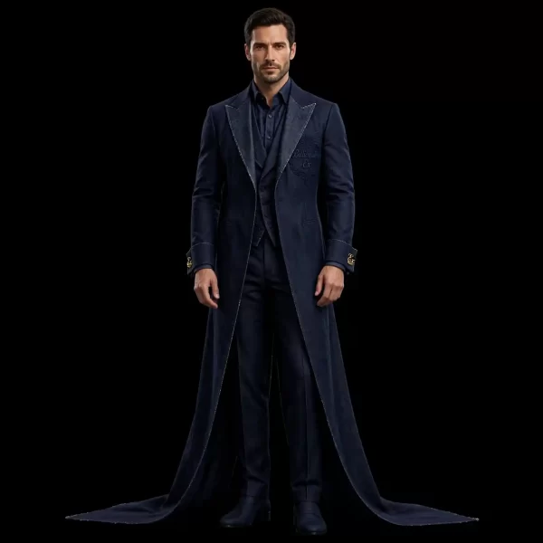 MIDNIGHT TAILCOAT DENIM SUIT - 3-Piece Frock Coat with Gold Ex Cufflinks - Buy midnight indigo Luxury Denim Suit Mens Online