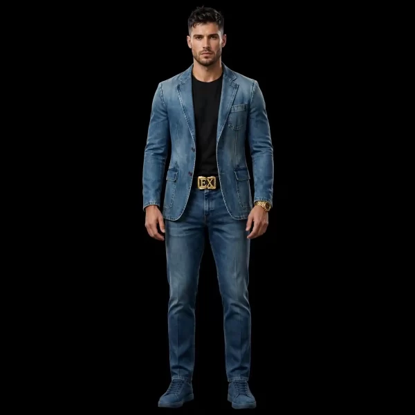 WASHED DENIM BLAZER SUIT - Classic Fit with EX Gold Buckle Belt - Buy medium stone wash Luxury Denim Suit Mens Online