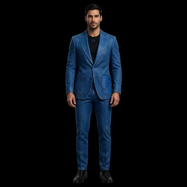 COBALT PATCH POCKET DENIM SUIT - Embossed EX Logo Blazer - Buy cobalt blue Luxury Denim Suit Mens Online