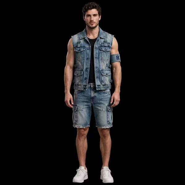 VINTAGE CARGO VEST SHORTS SET - Tactical Denim Vest + Cargo Shorts - Buy light vintage wash Luxury Denim Suit Mens Online