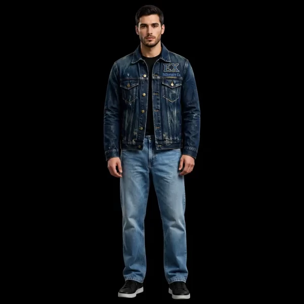 DARK WASH EX VARSITY TRUCKER JACKET - Billionaire Ex Distressed Denim Set - Buy dark vintage wash Luxury Denim Suit Mens Online