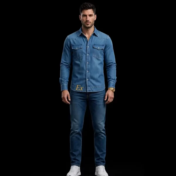 Western Luxe Denim Shirt & Jeans Set with Gold EX Embroidery EX Billionaire Mens Luxury Denim Set Designer