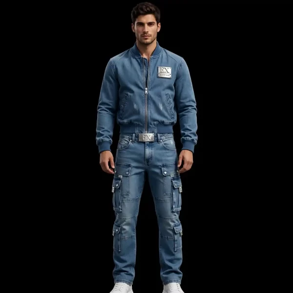 Glacier Blue Denim Bomber Jacket & Cargo Set with EX Steel Belt EX Billionaire Mens Luxury Denim Set Designer