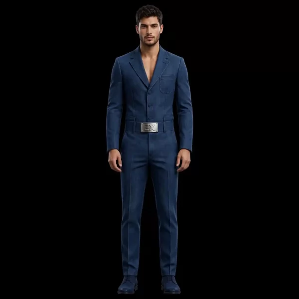 Dark Denim Blazer Jumpsuit Suit with EX Chrome Belt Plate EX Billionaire Mens Luxury Denim Set Designer