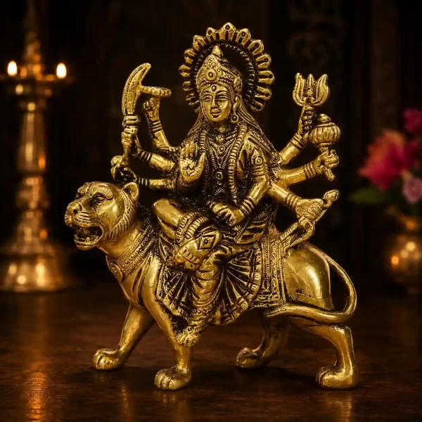 Maa Durga Sherawali Brass Idol on Tiger - Brass Durga 8 Arms Tiger Vahan Shankh Chakra Khadga Trishul