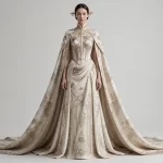 Imperial Lotus ExpensiveE Mandarin Collar Cape Mermaid WeddingGown with Gothic Arch Panel and Draped Saree Drape