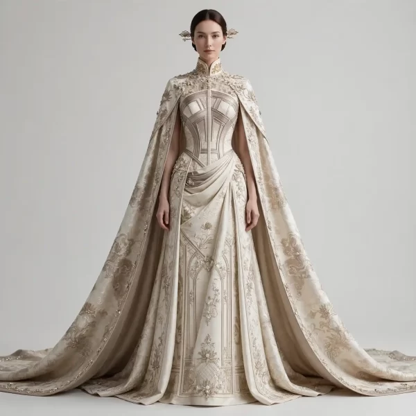Imperial Lotus ExpensiveE Mandarin Collar Cape Mermaid WeddingGown with Gothic Arch Panel and Draped Saree Drape