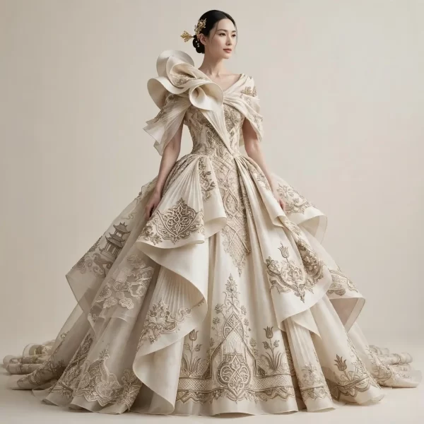 ExpensiveE Ivory Pearl Paisley High Neck Lace Cathedral BallGown with Pearl Buttons - ExpensiveE Paisley Pearl Atelier