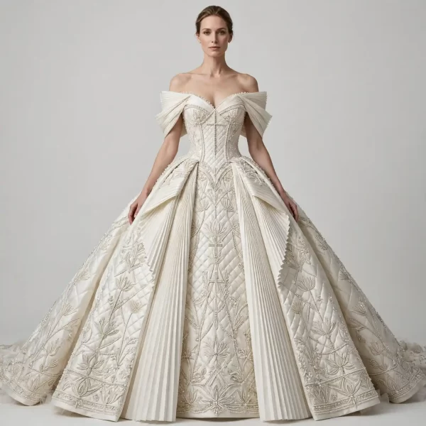 ExpensiveE Ivory Pearl Paisley Lace High Neck Long Sleeve Cathedral BallGown - ExpensiveE Pearl Paisley Cathedral Atelier