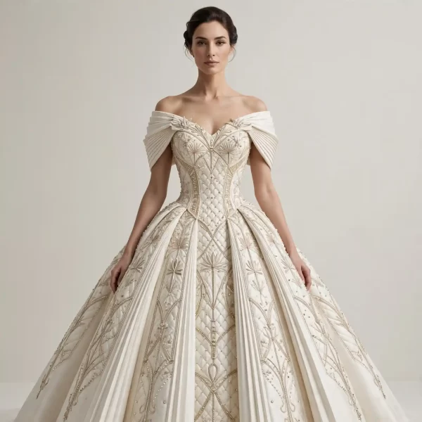 Palm Quilted ExpensiveE Off-Shoulder Corset BallGown with Diamond Lattice and Pleated Fan Shoulders