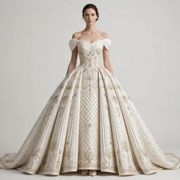Lotus Palm ExpensiveE Off-Shoulder Pleated Ball Gown with Quilted Diamond and Palm Leaf Embroidery