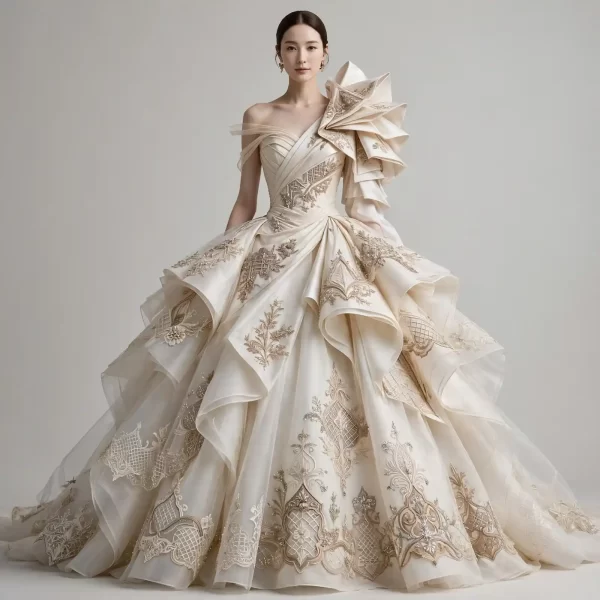 Origami Sculpture ExpensiveE One-Shoulder Ruffled Ball Gown with Layered Tiered Peplum and Baroque Filigree