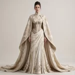 ExpensiveE Ivory Gold Pagoda Geometric Cape Mermaid Draped SareeGown - ExpensiveE Imperial Pagoda Atelier