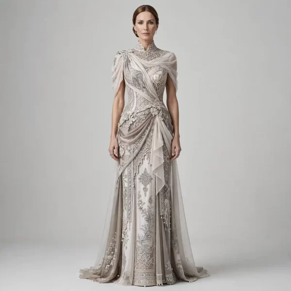 ExpensiveE Ivory Quilted Botanical Palm Palm Peplum BallGown with Dandelion Embroidery - ExpensiveE Palm Garden Atelier