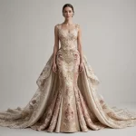 ExpensiveE Red Gold Imperial Brocade Cape MermaidGown with Corset and Draped Panel - ExpensiveE Imperial Brocade Atelier