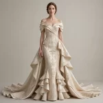 ExpensiveE Taupe Red Gold Baroque Ruffle Mermaid Gown with Pearl Lattice and Origami Bow - ExpensiveE Baroque Ruffle Opera Atelier