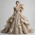 ExpensiveE Taupe Champagne Gold Baroque Ruffle Tiered BallGown with Giant Sculptural Bow Shoulder - ExpensiveE Baroque Bow Atelier