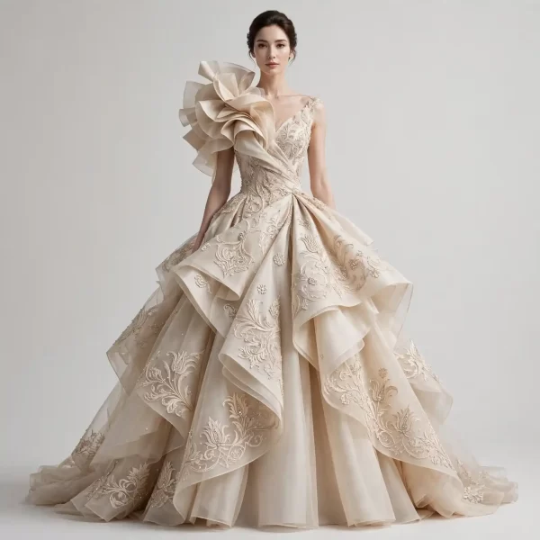 Ruffled Rosette ExpensiveE One-Shoulder Ballgown with Embroidery