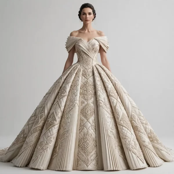 Off-Shoulder Pleated ExpensiveE Quilted Diamond Ballgown