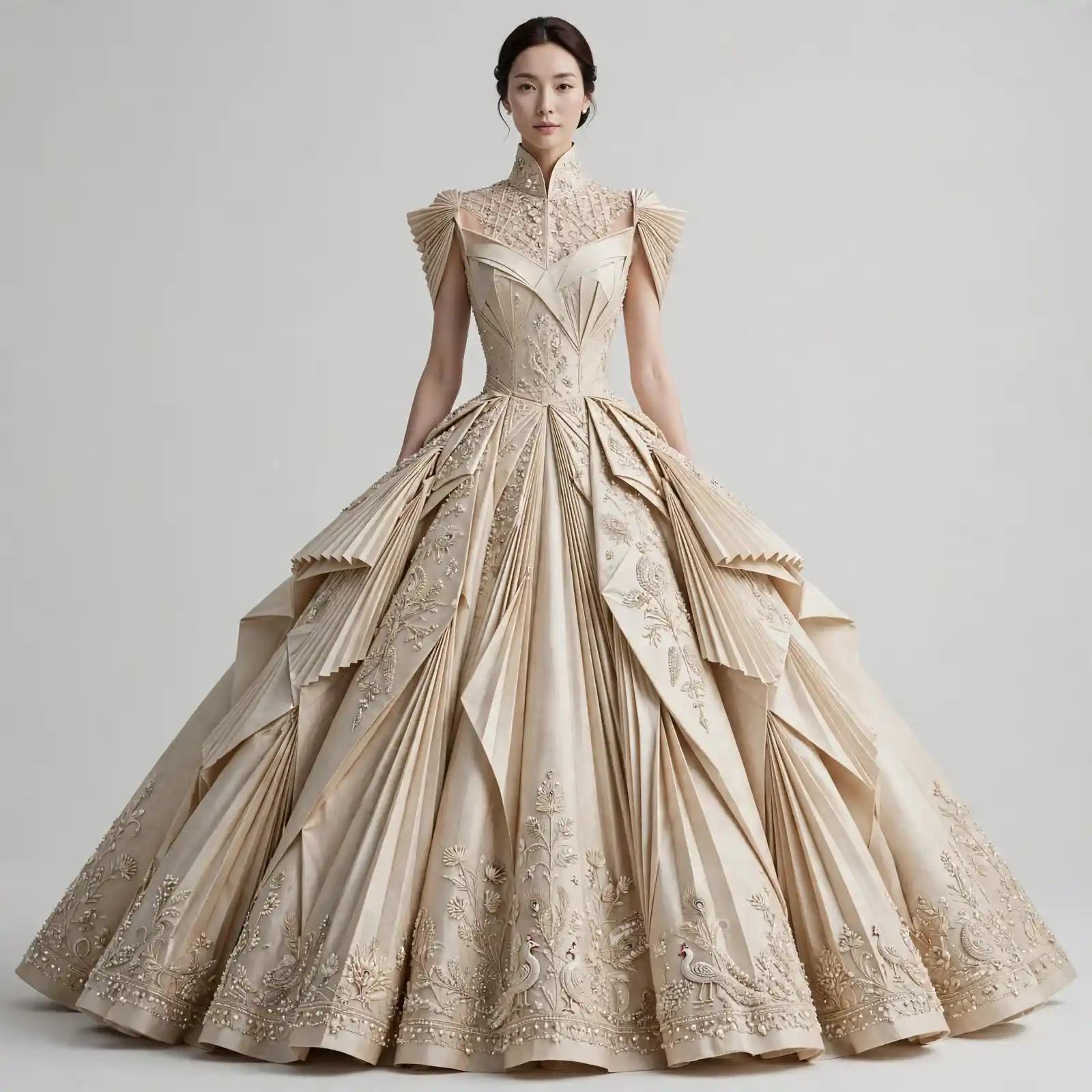 Peacock Garden ExpensiveE High-Neck Pleated Fan Ball Gown