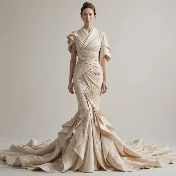 Crane Origami ExpensiveE Kimono Wrap Mermaid Bridal Gown with Train