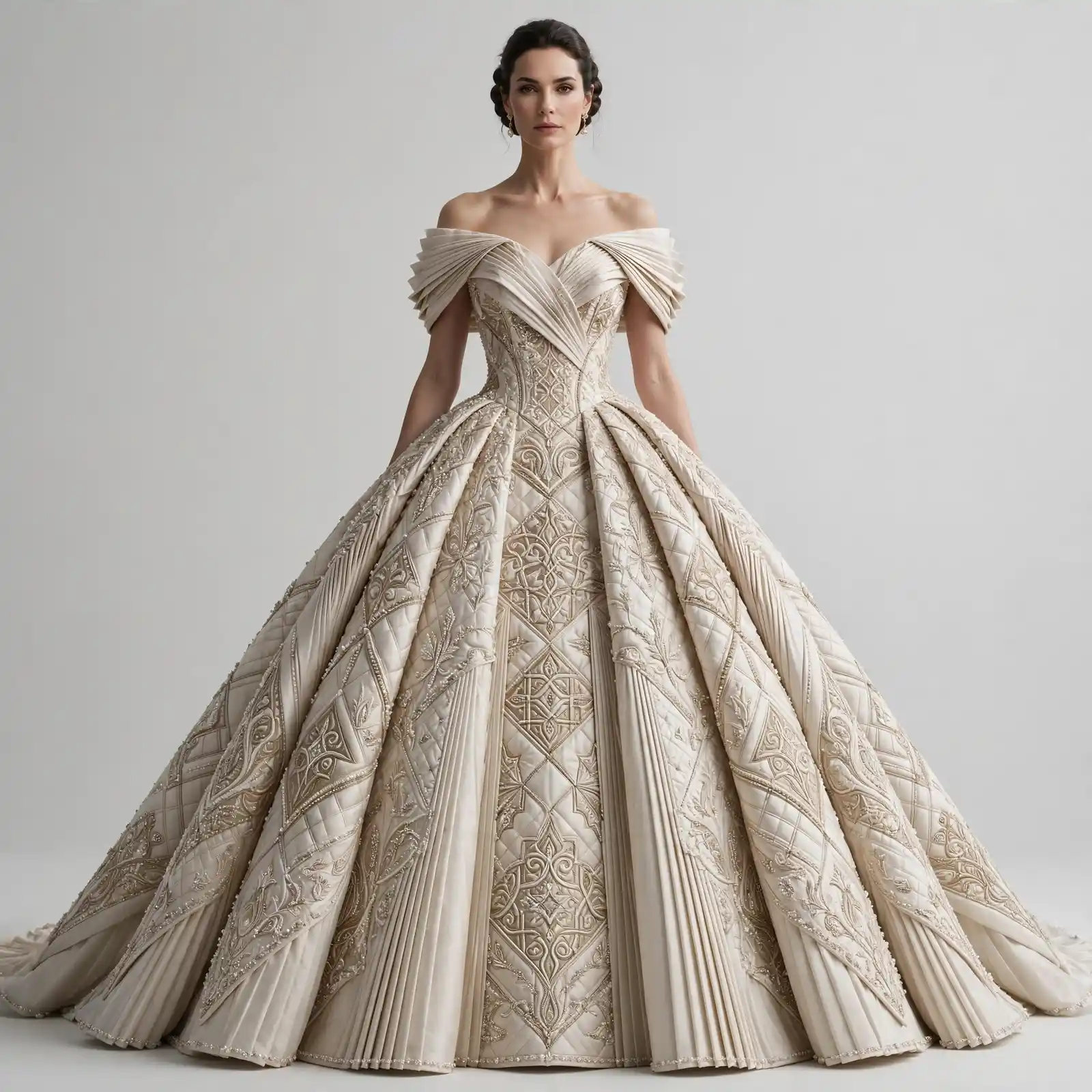 ExpensiveE Ivory Quilted Diamond Geometric Mosaic Pleated BallGown with Tulip Embroidery and Off-Shoulder Drape - ExpensiveE Geometric Mosaic Atelier