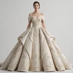 ExpensiveE Ivory Gold Red Ruby Dotted Quilted Pleated BallGown with Lotus Fan and Off-Shoulder Drape - ExpensiveE Ruby Lotus Atelier