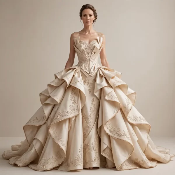 Grape Vine Ruffled ExpensiveE Champagne Ballgown with Pleats