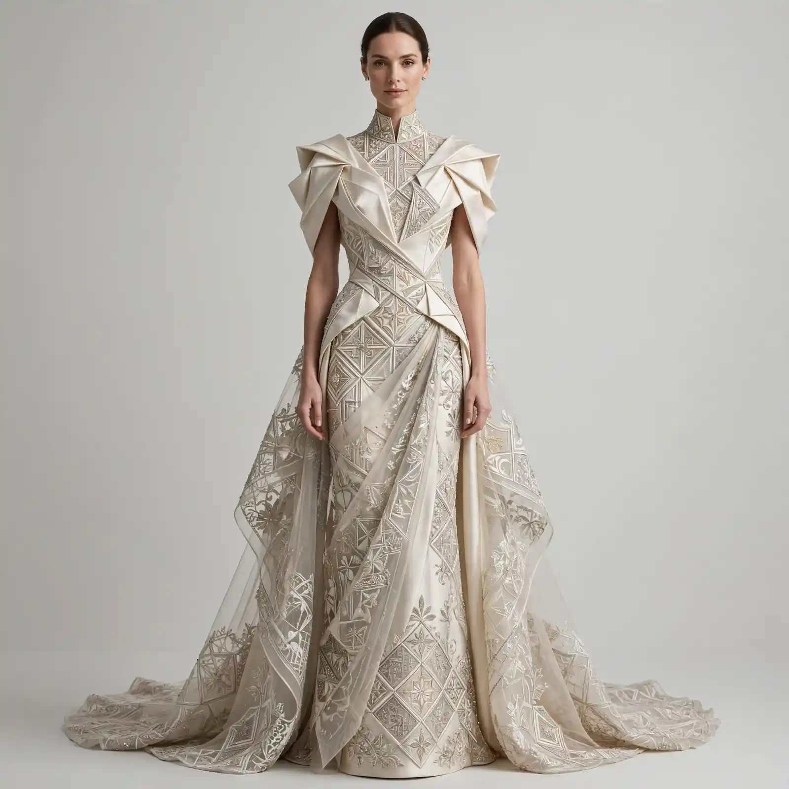Origami Diamond ExpensiveE Ivory Cape Mermaid Saree Gown