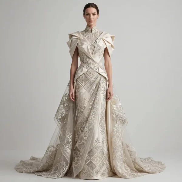 Origami Diamond ExpensiveE Ivory Cape Mermaid Saree Gown Variant