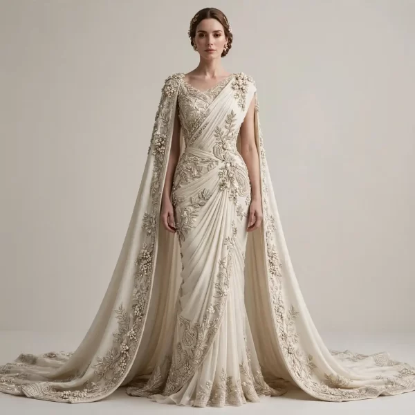 ExpensiveE Grecian Pearl Leaf Cape Saree Mermaid Gown