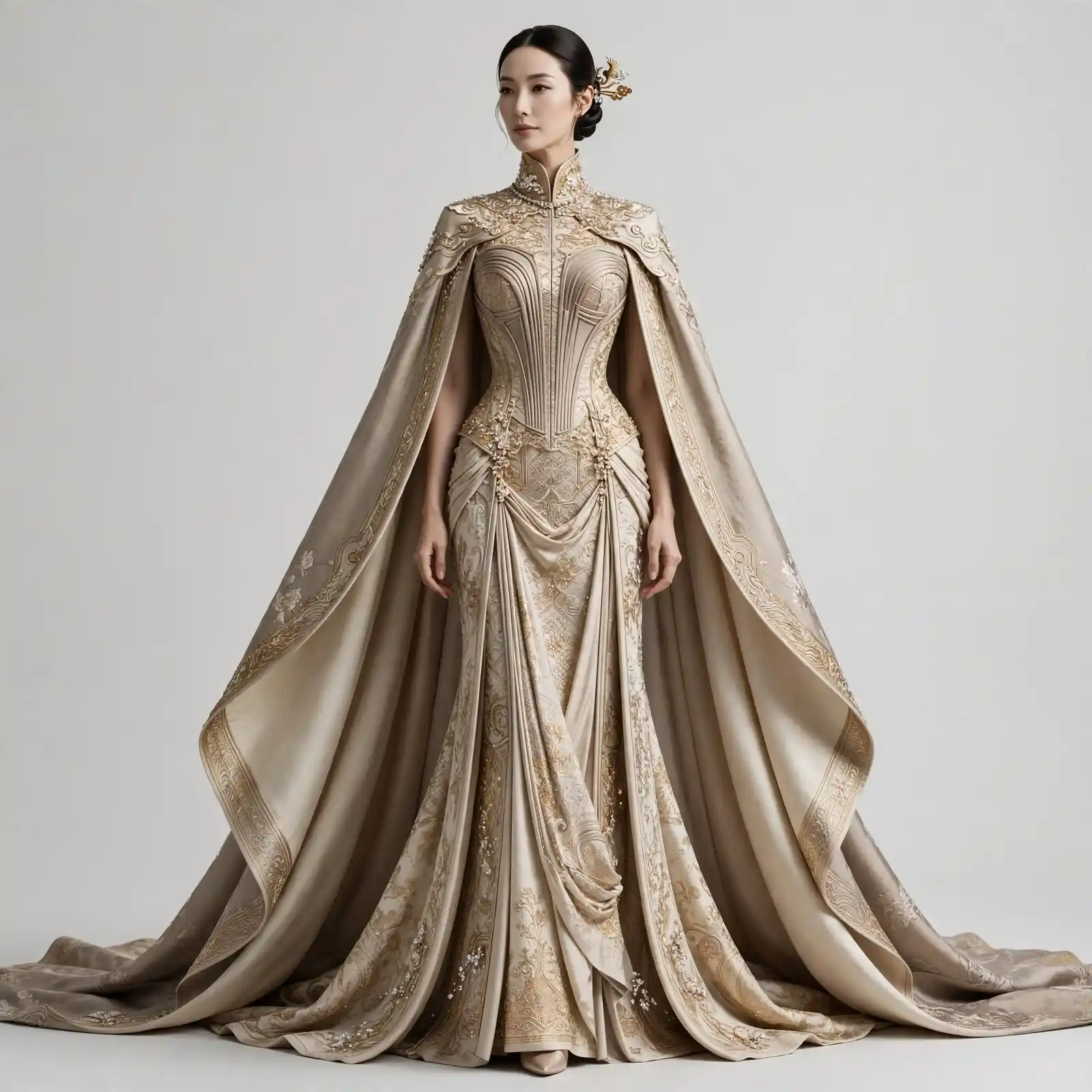 ExpensiveE Imperial Gold Corset Cape Draped Mermaid Gown