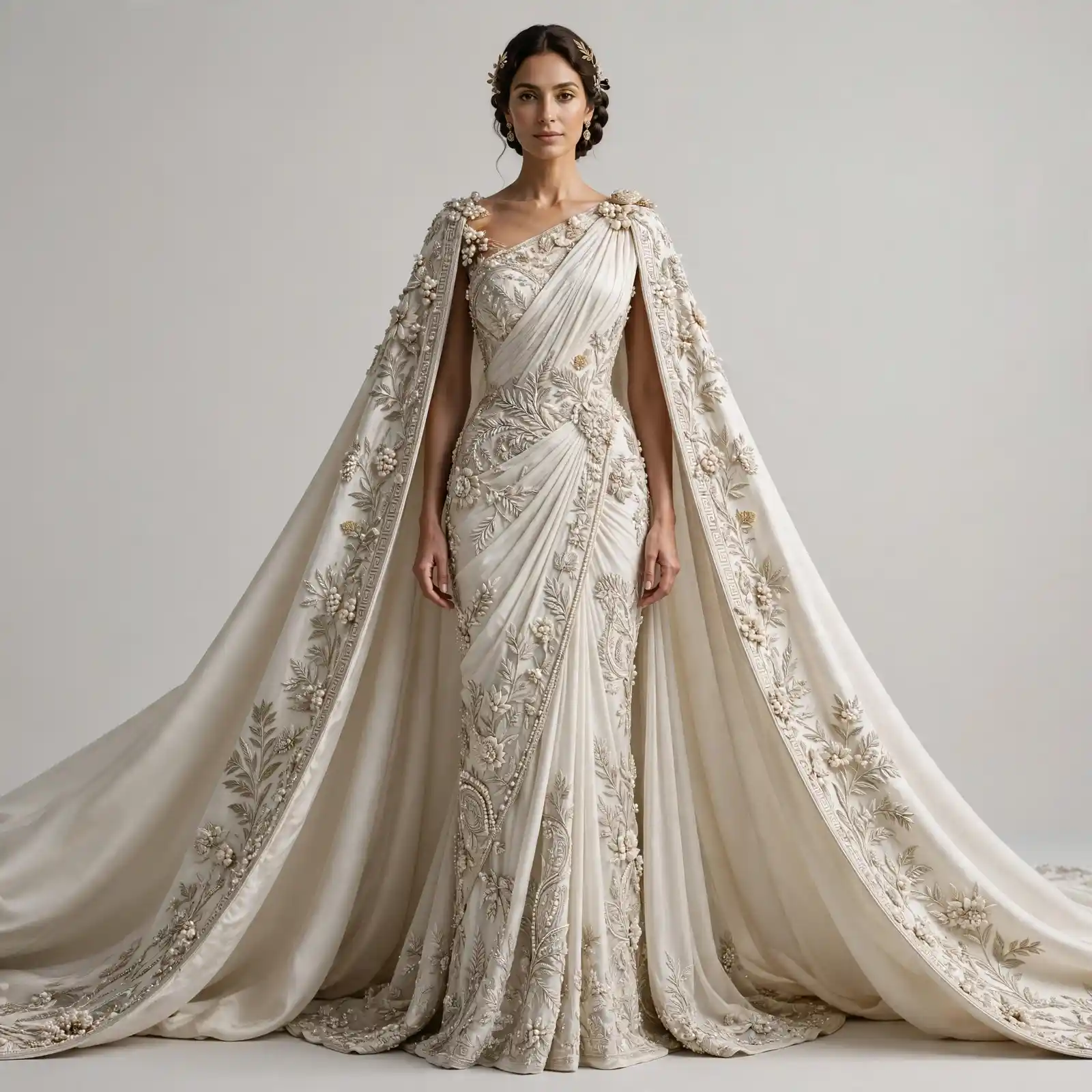 ExpensiveE Grecian Olive Pearl Saree Draped Cape Mermaid Gown