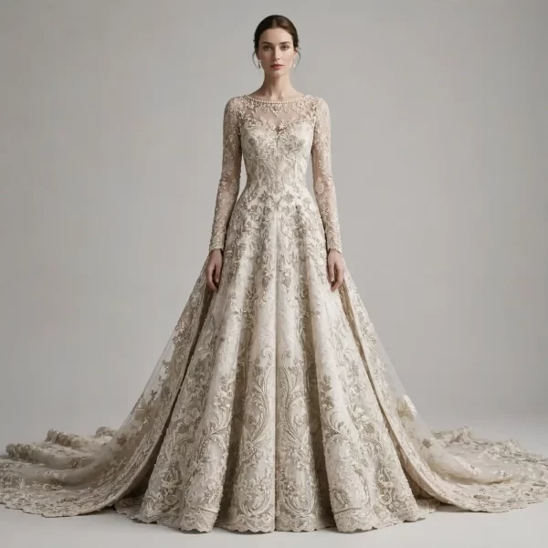 Ethereal Baroque ExpensiveE Champagne Gold Lace Cathedral Ball Gown