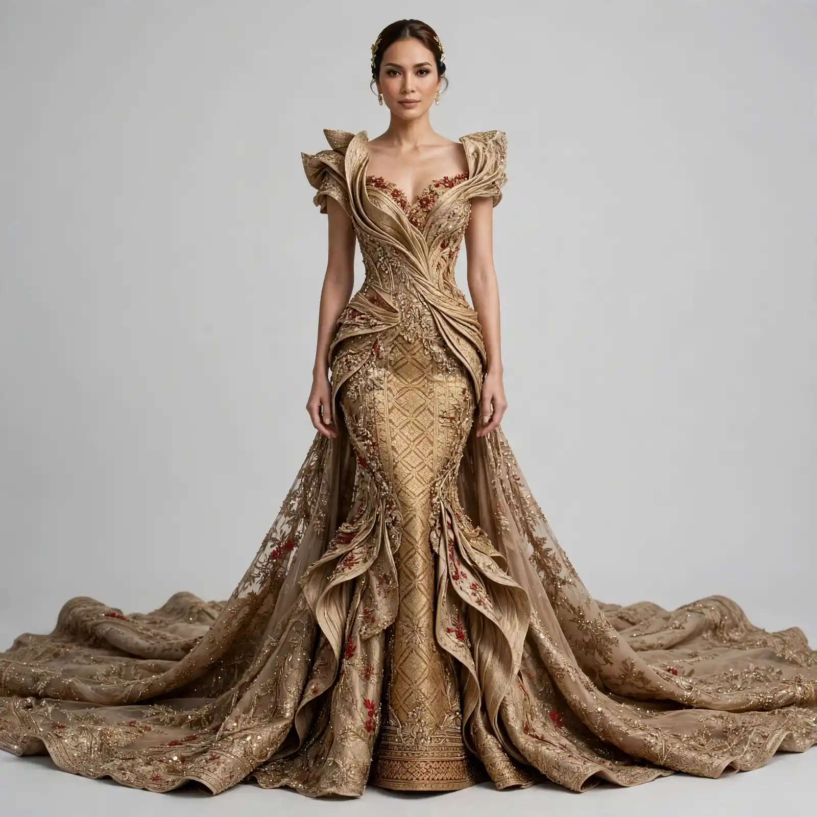 ExpensiveE Sculptural Gold Draped Mermaid BallGown