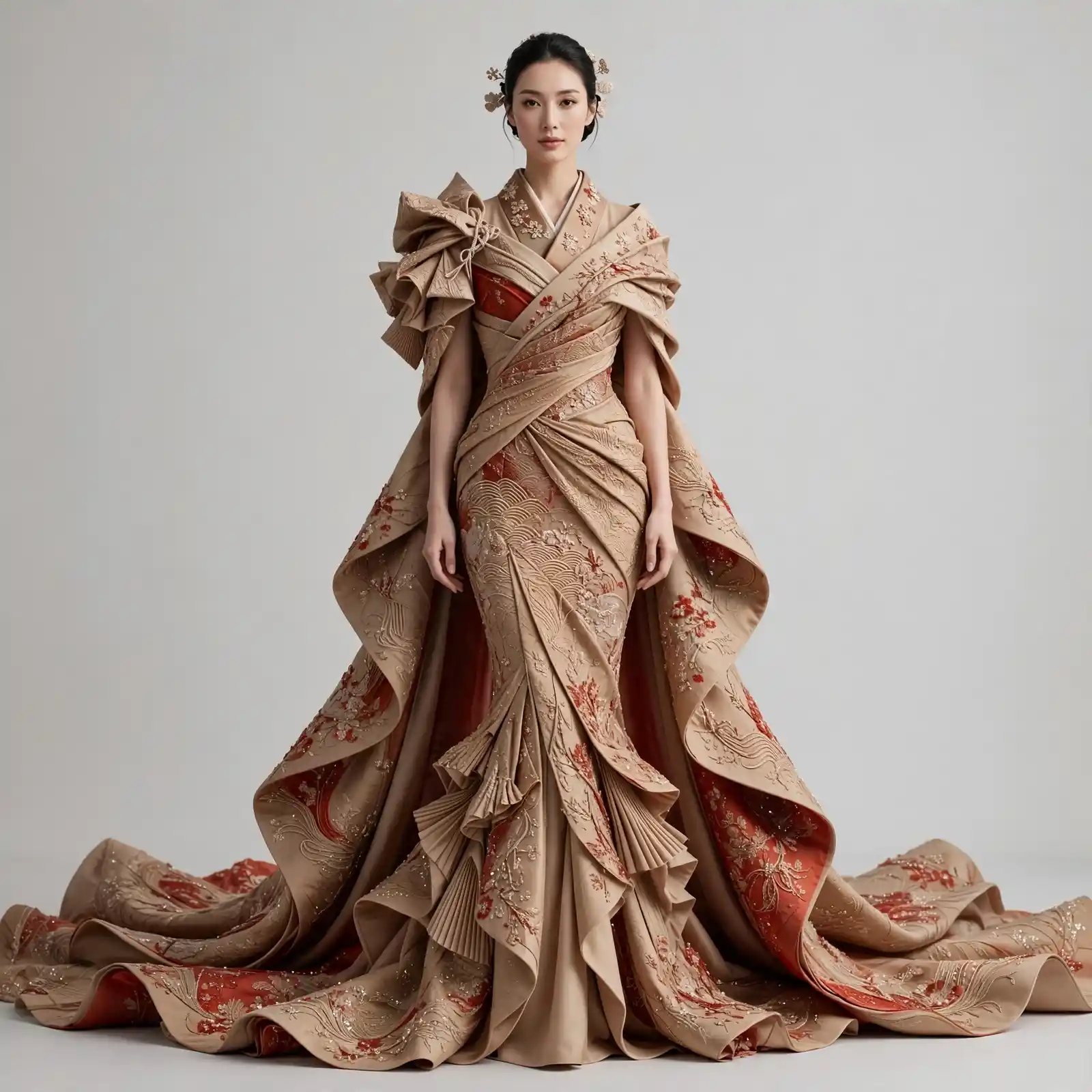 ExpensiveE Japanese Kimono Red Accent Draped MermaidGown