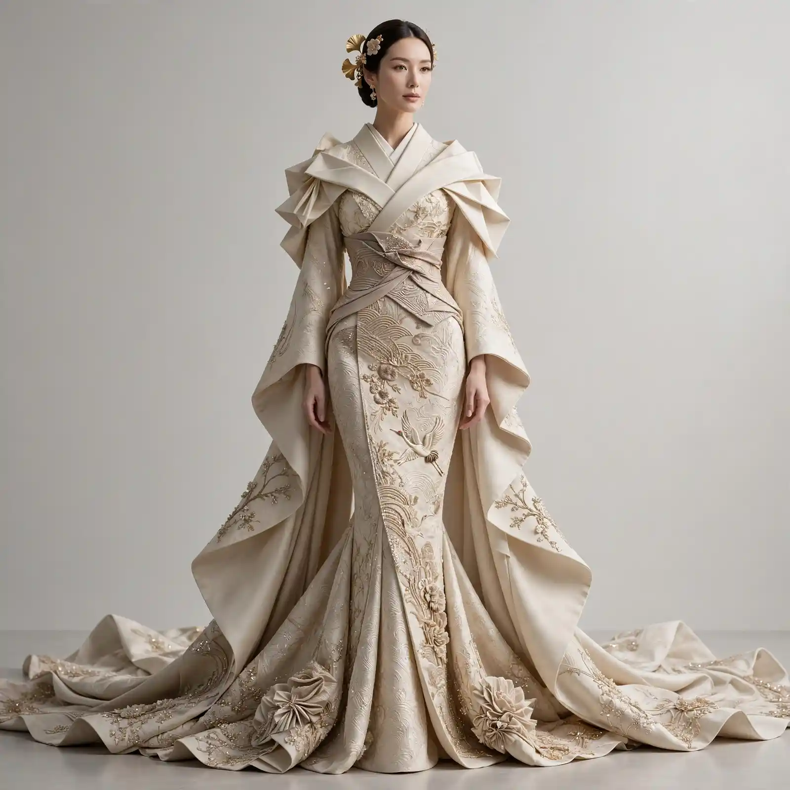 Crane Origami ExpensiveE Kimono Mermaid with Sculpted Train
