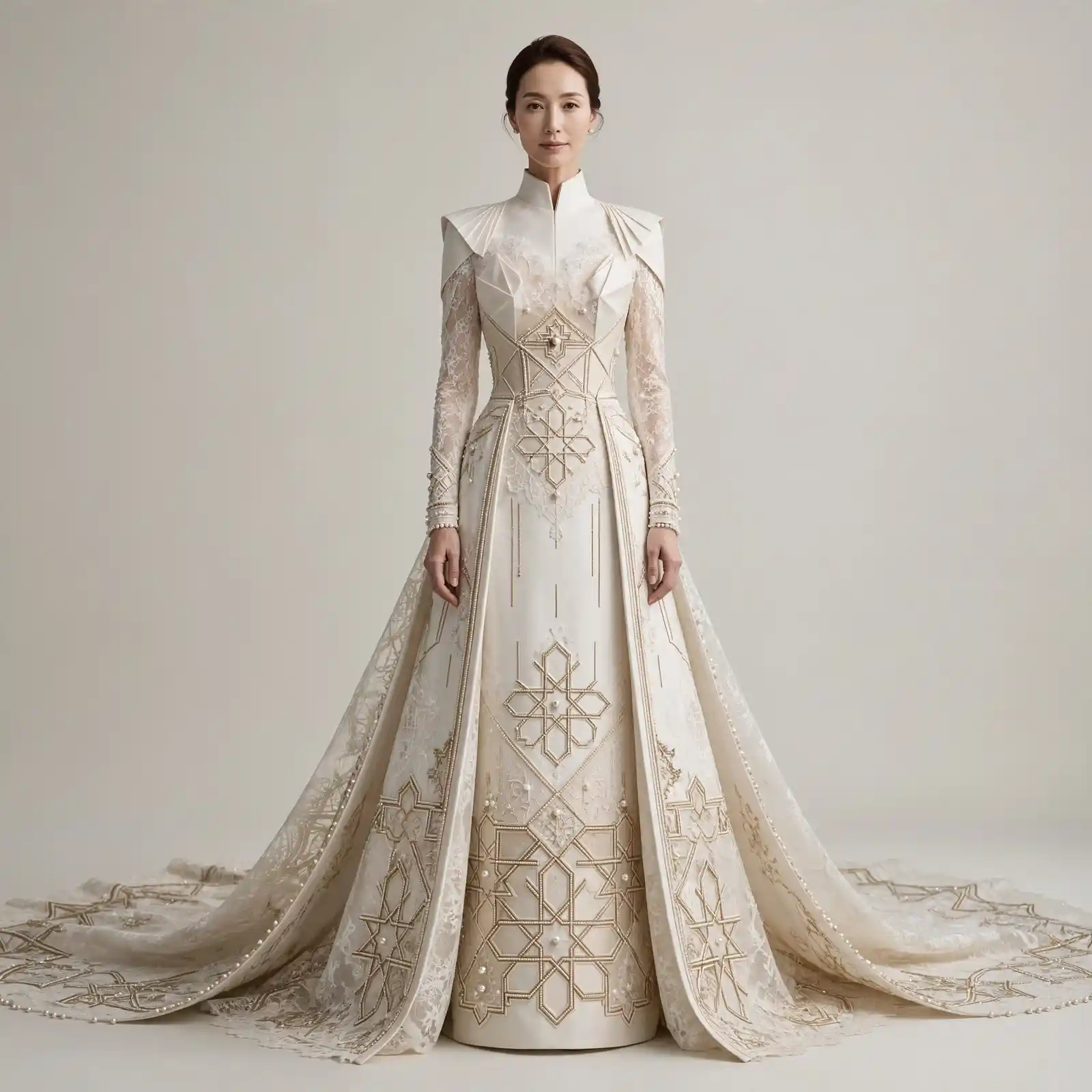 Celestial Cross ExpensiveE Modest High Neck Lace Panel A-Line WeddingGown with Cape Train