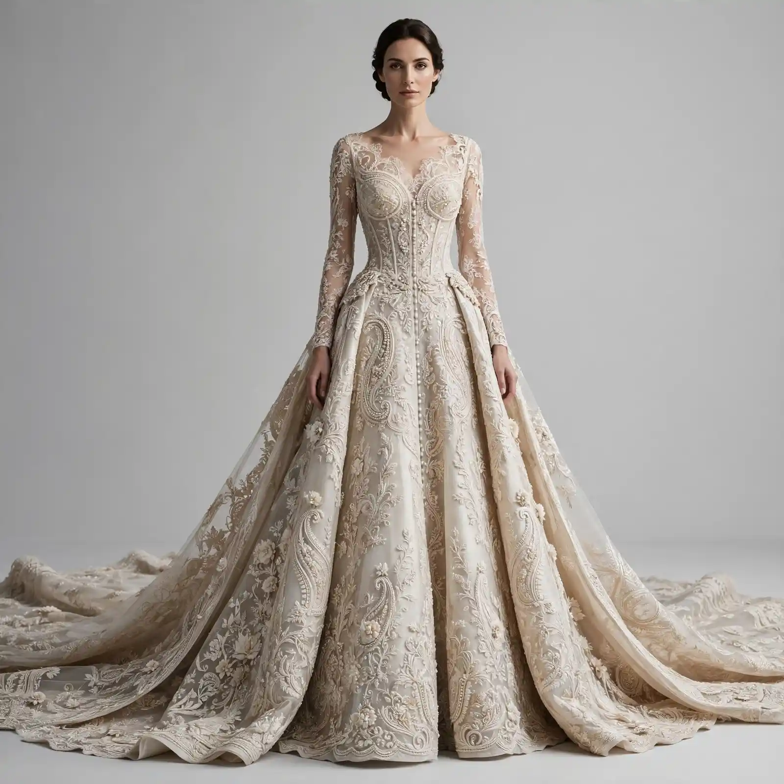 Paisley Cathedral ExpensiveE Long Sleeve Ballgown with Button Train