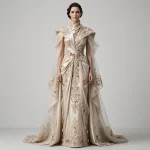 ExpensiveE  Baroque Saree Drape Cape Mermaid Gown with Pearl Cluster