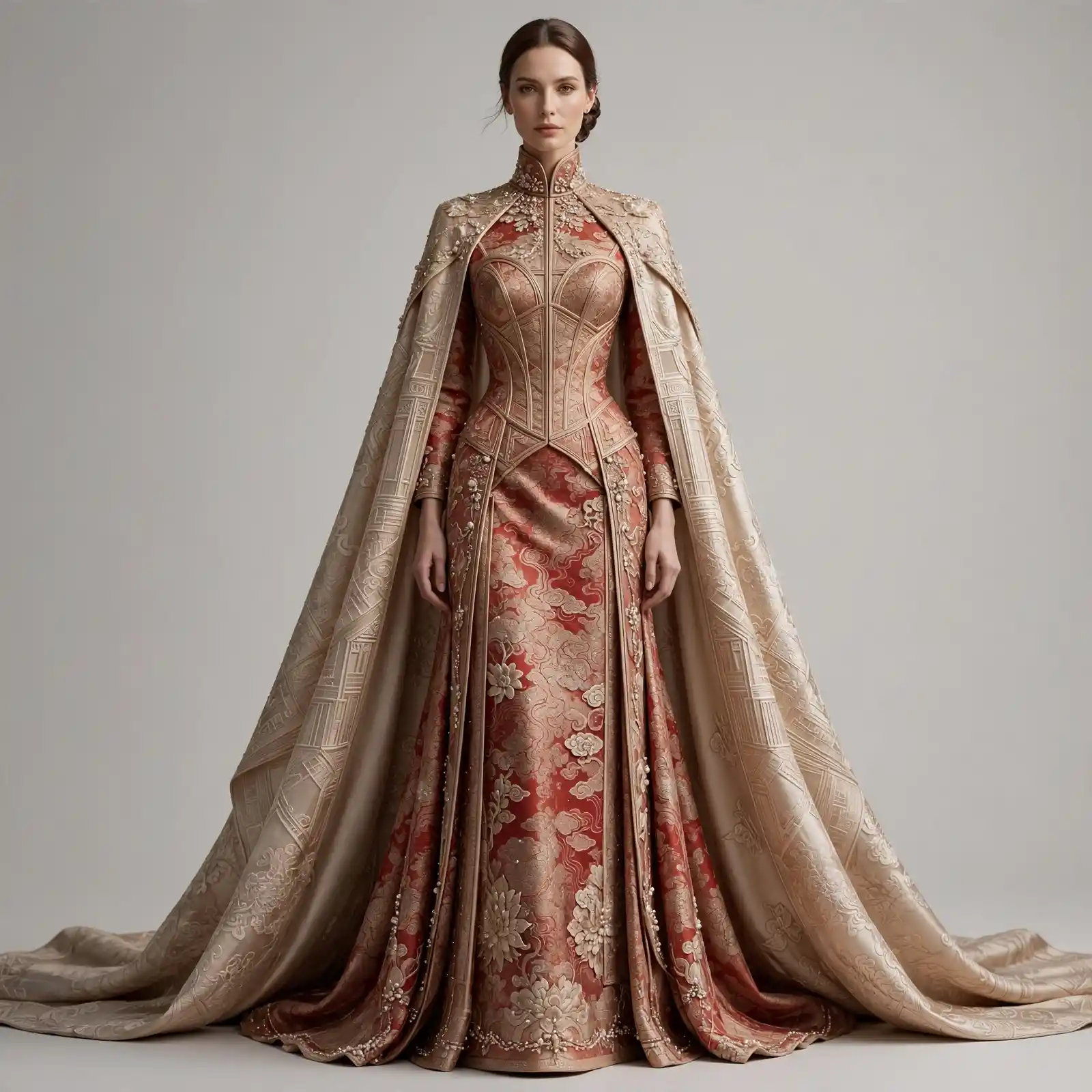 ExpensiveE Crimson Cloud Brocade Imperial Cape MermaidGown