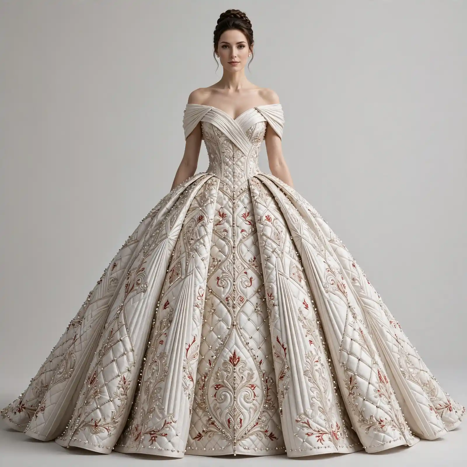 ExpensiveE Quilted Baroque Off-Shoulder BallGown with Pearl Lattice