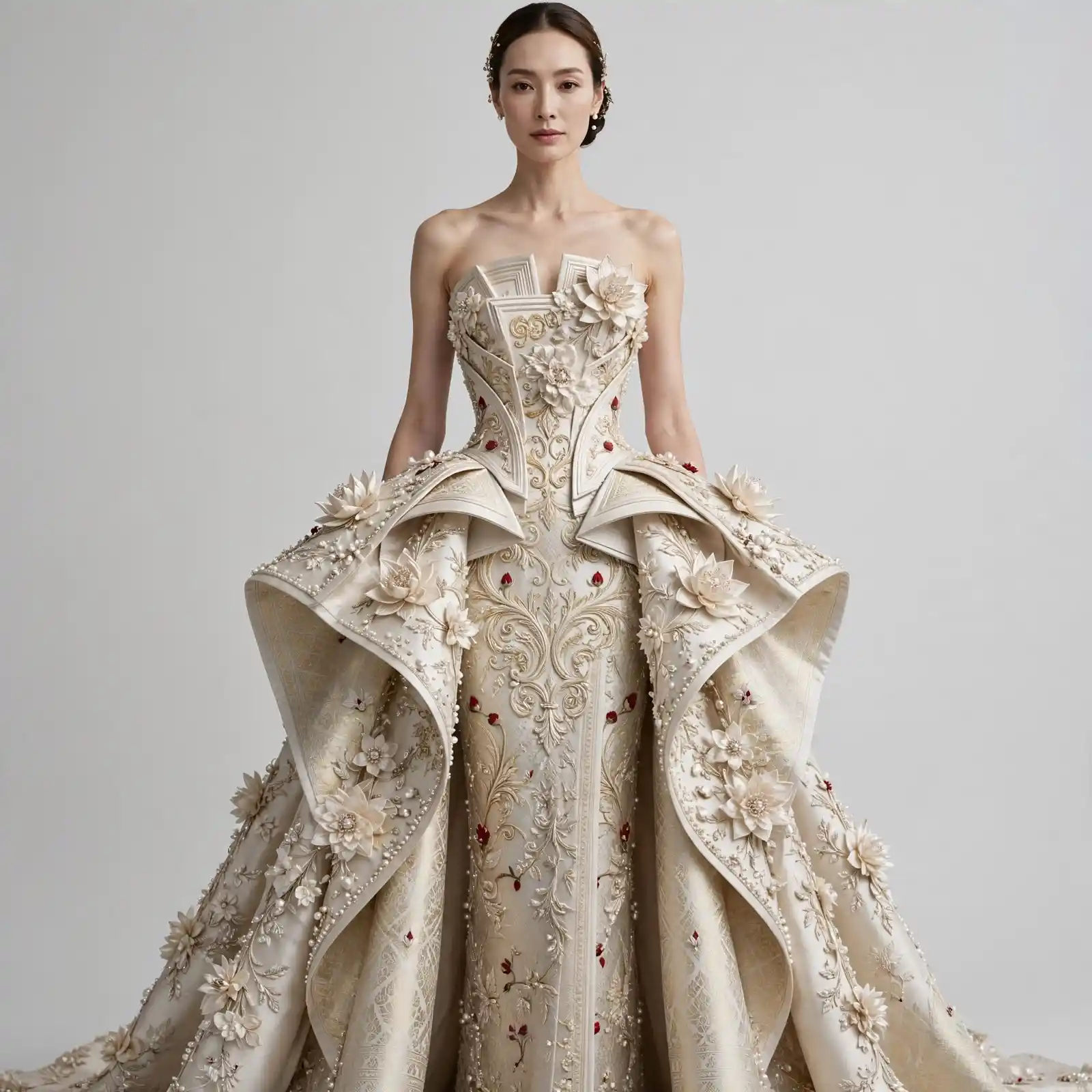Lotus Crown ExpensiveE Strapless Architectural Peplum Mermaid Gown