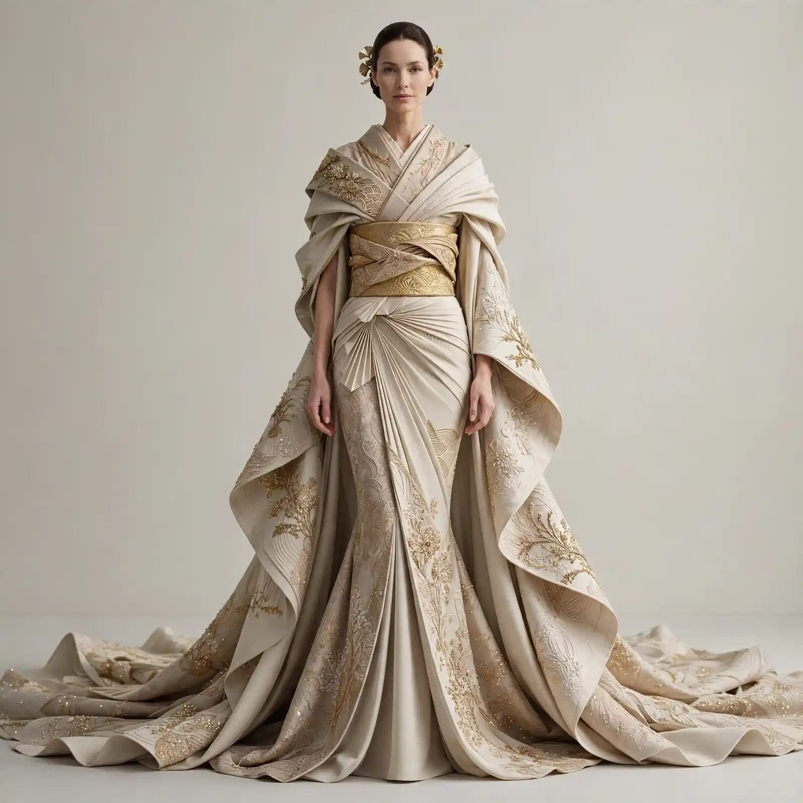 Golden Kimono ExpensiveE Obi Wrapped Cape Mermaid Gown