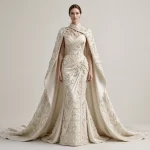 Gilded Vine ExpensiveE Ivory Draped Cape Mermaid Wedding Gown with Pearl Border