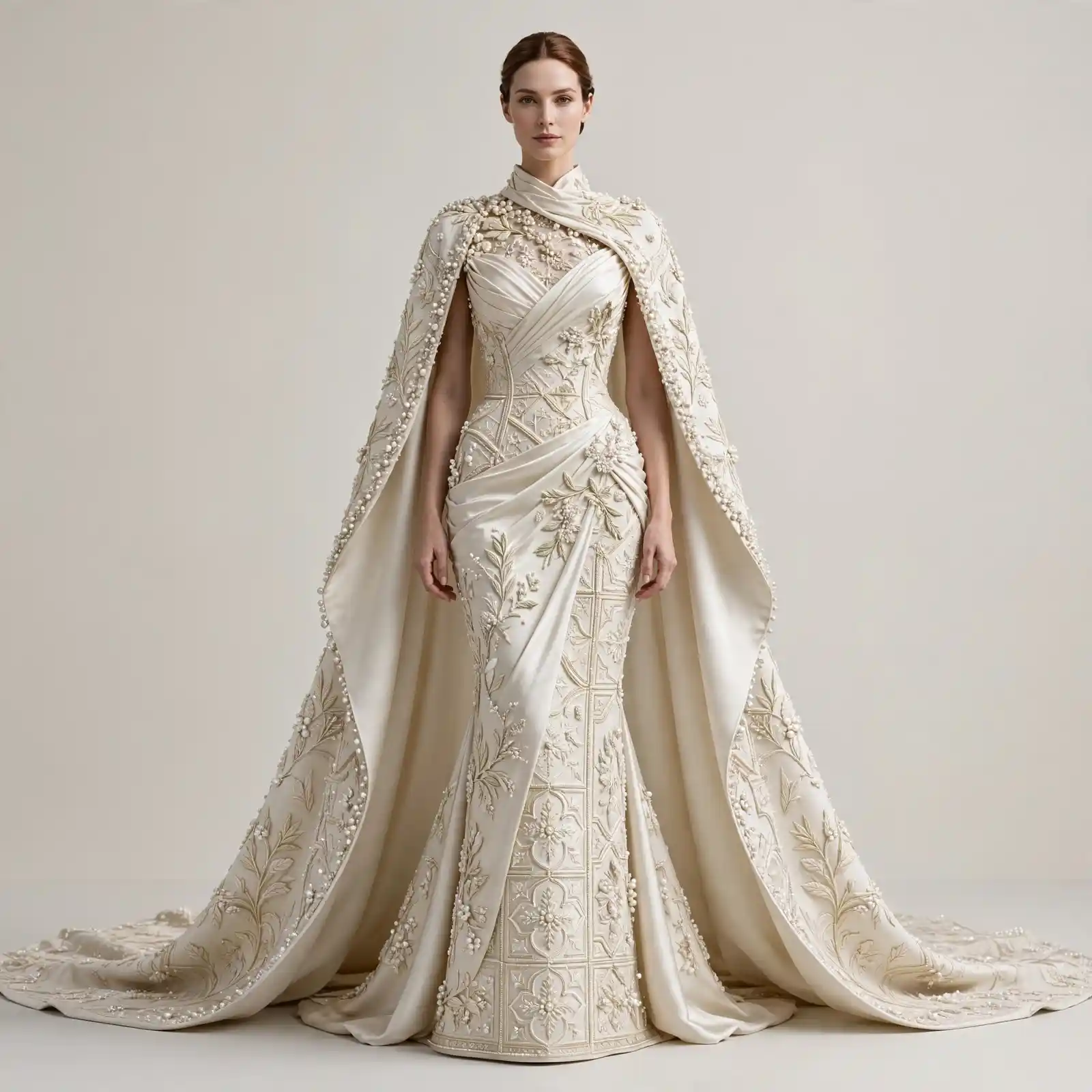 Gilded Vine ExpensiveE Ivory Draped Cape Mermaid Wedding Gown with Pearl Border