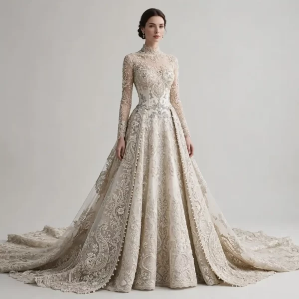 ExpensiveE Ivory Silver Paisley Pearl Beaded Lace Long Sleeve BallGown with Pearl Buttons - ExpensiveE Silver Paisley Heirloom