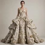 ExpensiveE Ivory Gold Mughal Palace Cathedral MermaidGown with Architectural Side Wings and 3D Floral - ExpensiveE Taj Mahal Atelier